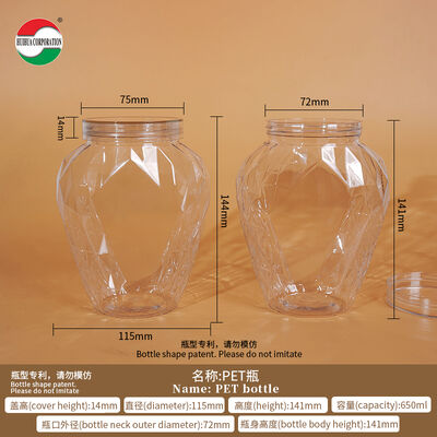650ML Rhombus Shape PET Plastic Jar with Plastic Lid Food Grade Packaging Container Clear Bottle