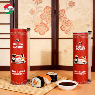 Lebensmittelechte, umweltfreundliche Papierhülsenverpackung für Sushi mit individuellem Logo und Sojasoßenröhrchen